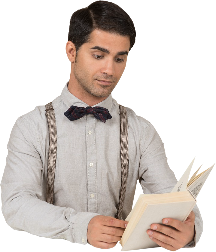 a man wearing suspenders and a bow tie reading a b nygdk9p.png