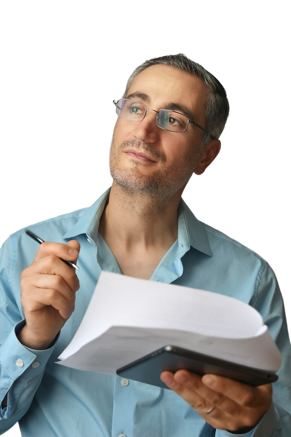 man in a blue shirt holding papers and tablet u7nxvld.png