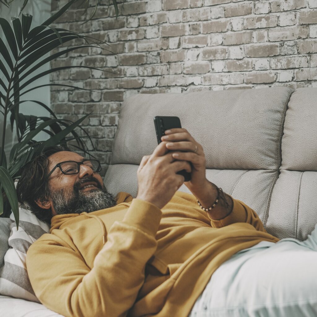 one mature man use mobile phone cellular laying on y6bwp8s.jpg